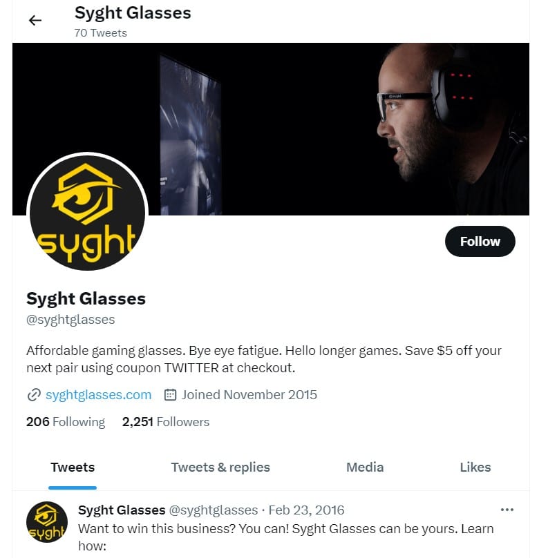 Syght Glasses Twitter account